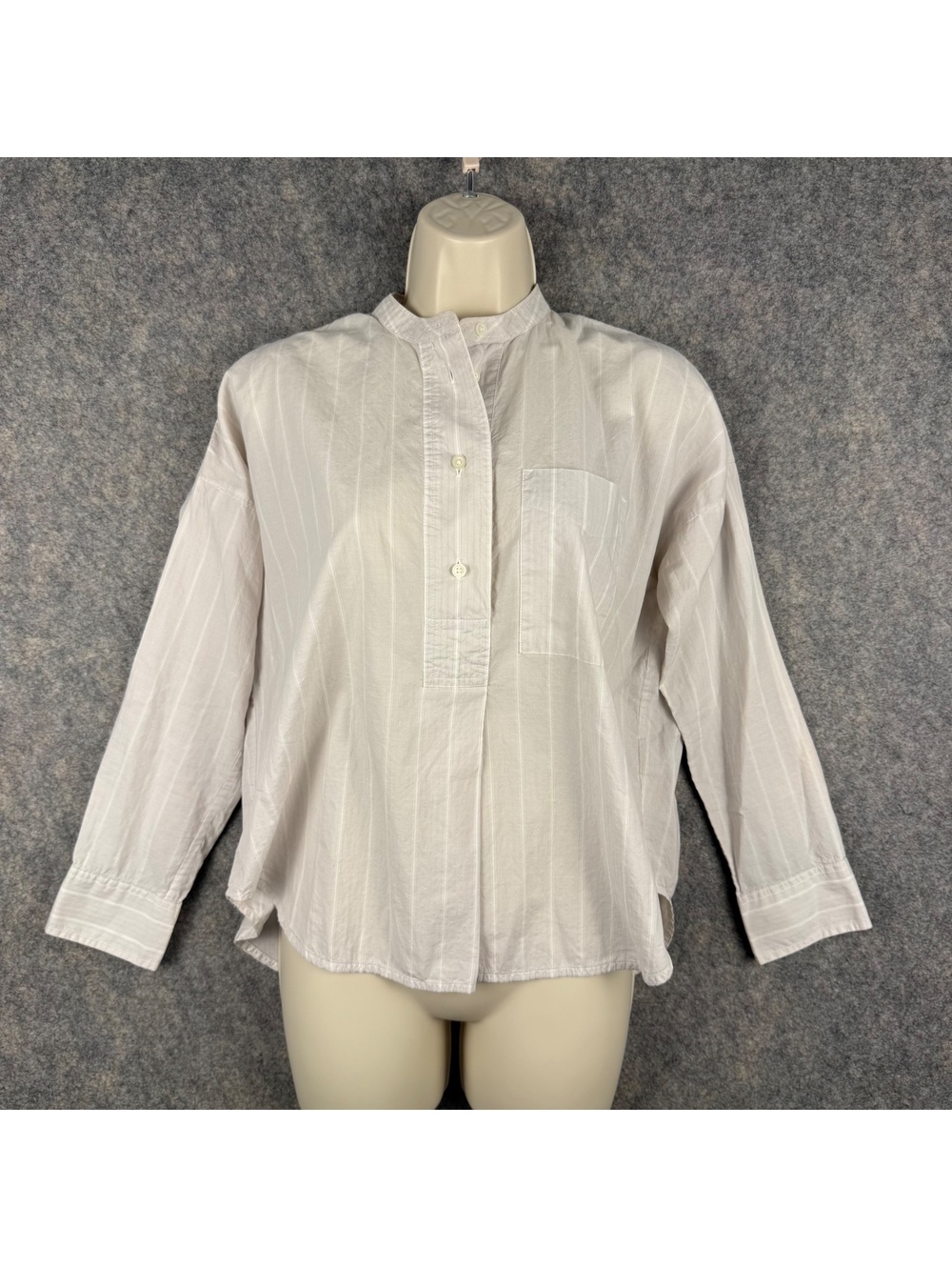 Everlane Pullover Long Sleeve Blouse Beige White Stripe Button Placket Size 00
